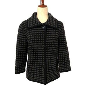 JONES NEW YORK Women's L 100% Merino Wool Sweater Jacket Black Grey Waffle Knit